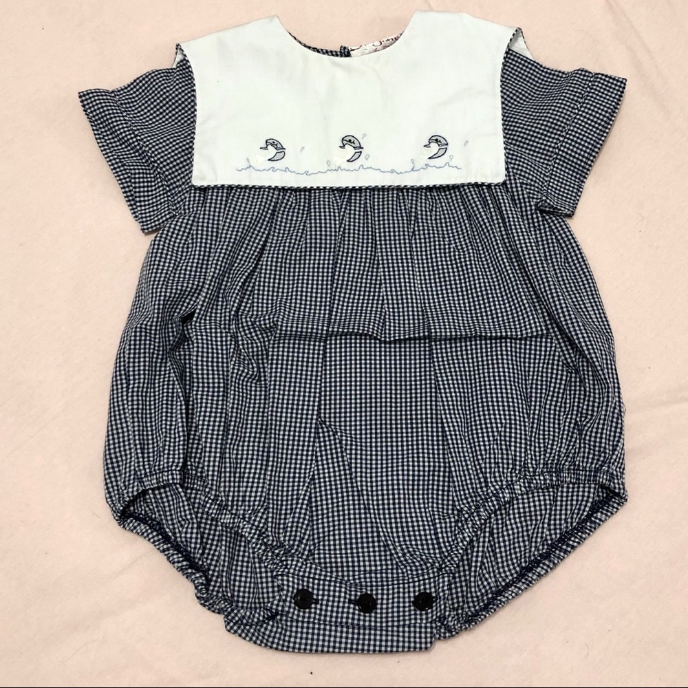Rosalina Embroidered Dolphins Navy Gingham Bubble